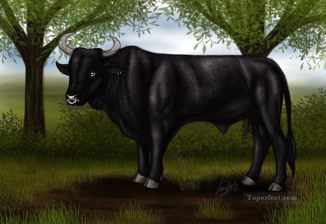 black bull under tree Oil Paintings